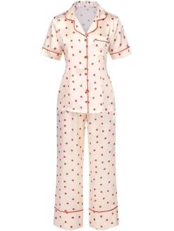 Sale Retro Stage 1960s Beetle Lapel Short Sleeve Pajamas Beige