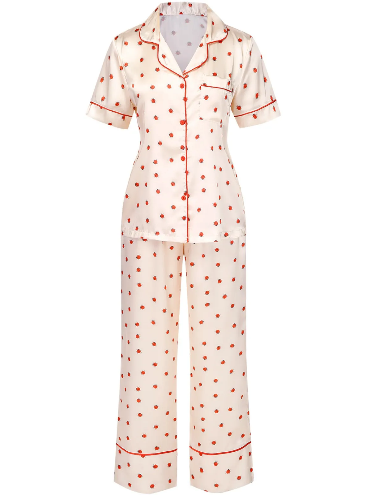 Sale Retro Stage 1960s Beetle Lapel Short Sleeve Pajamas Beige