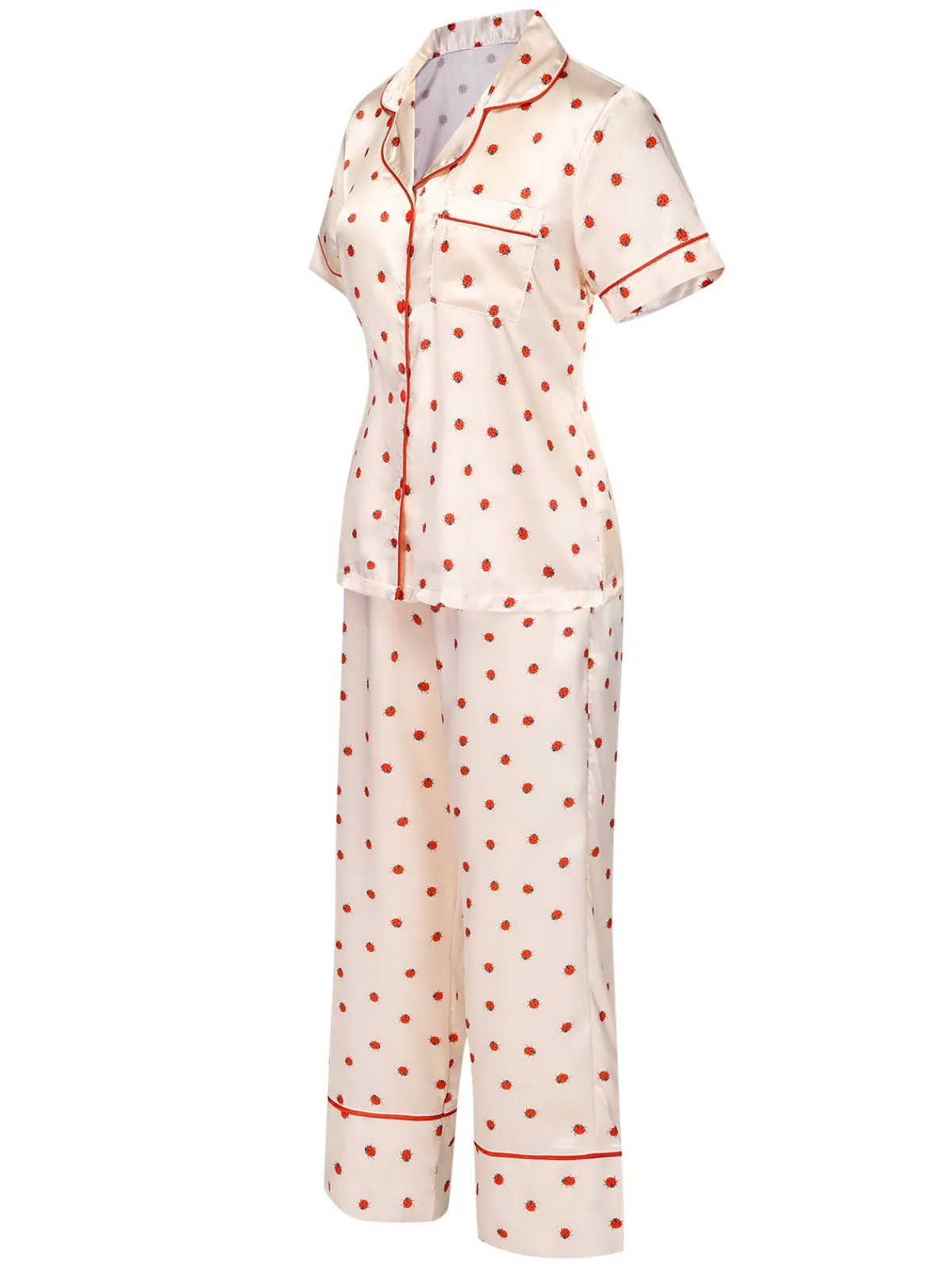 Sale Retro Stage 1960s Beetle Lapel Short Sleeve Pajamas Beige
