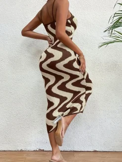 Fashion Retro Stage 1970s Boho Irregular Print Knit Dress Beige