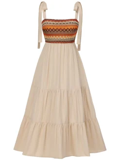 Best Retro Stage Beige 1970s Boho Style Shoulder Tie Dress Cream Color