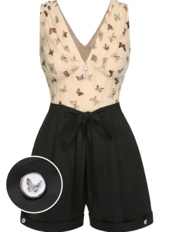 Online Retro Stage 1950s Butterfly Mesh V-Neck Romper Beige