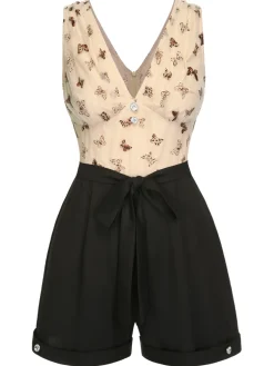 Online Retro Stage 1950s Butterfly Mesh V-Neck Romper Beige