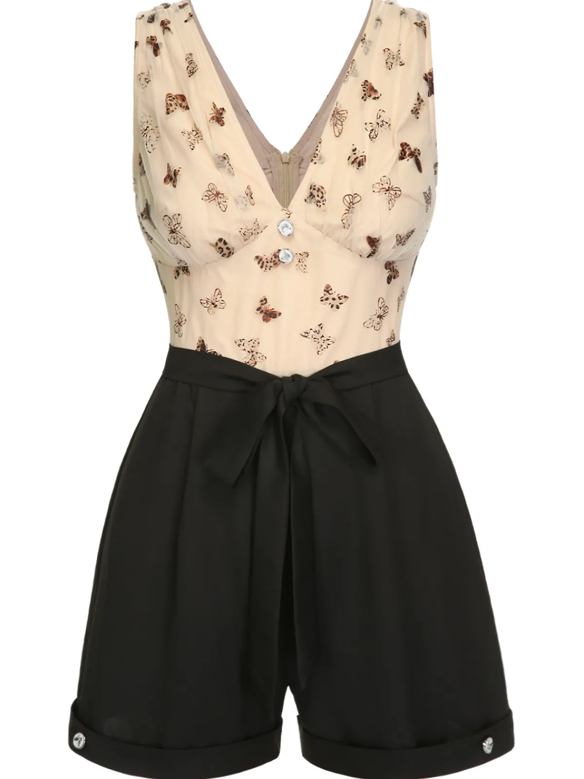 Online Retro Stage 1950s Butterfly Mesh V-Neck Romper Beige