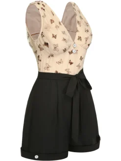 Online Retro Stage 1950s Butterfly Mesh V-Neck Romper Beige