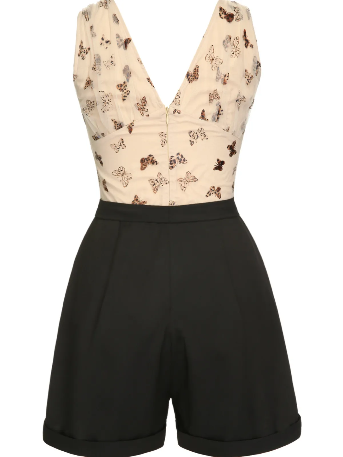 Online Retro Stage 1950s Butterfly Mesh V-Neck Romper Beige