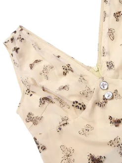 Online Retro Stage 1950s Butterfly Mesh V-Neck Romper Beige