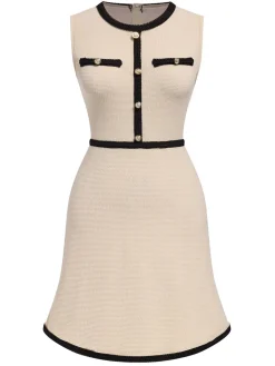 Outlet Retro Stage 1970s Contrast Binding Sleeveless Dress Beige