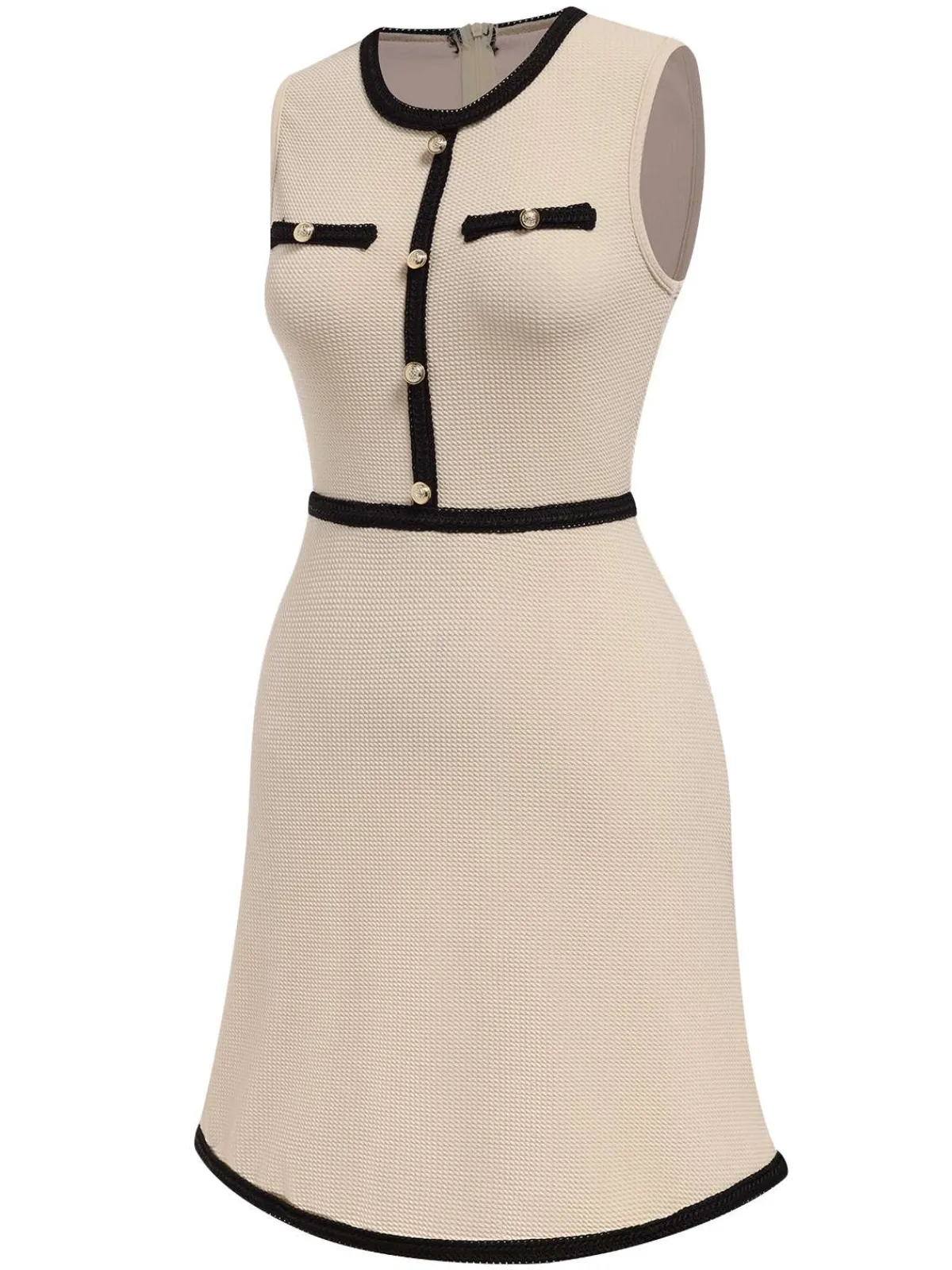 Outlet Retro Stage 1970s Contrast Binding Sleeveless Dress Beige