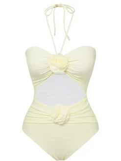 Sale Retro Stage 1930s 3D Flowers Halter One-Piece Swimsuit Beige