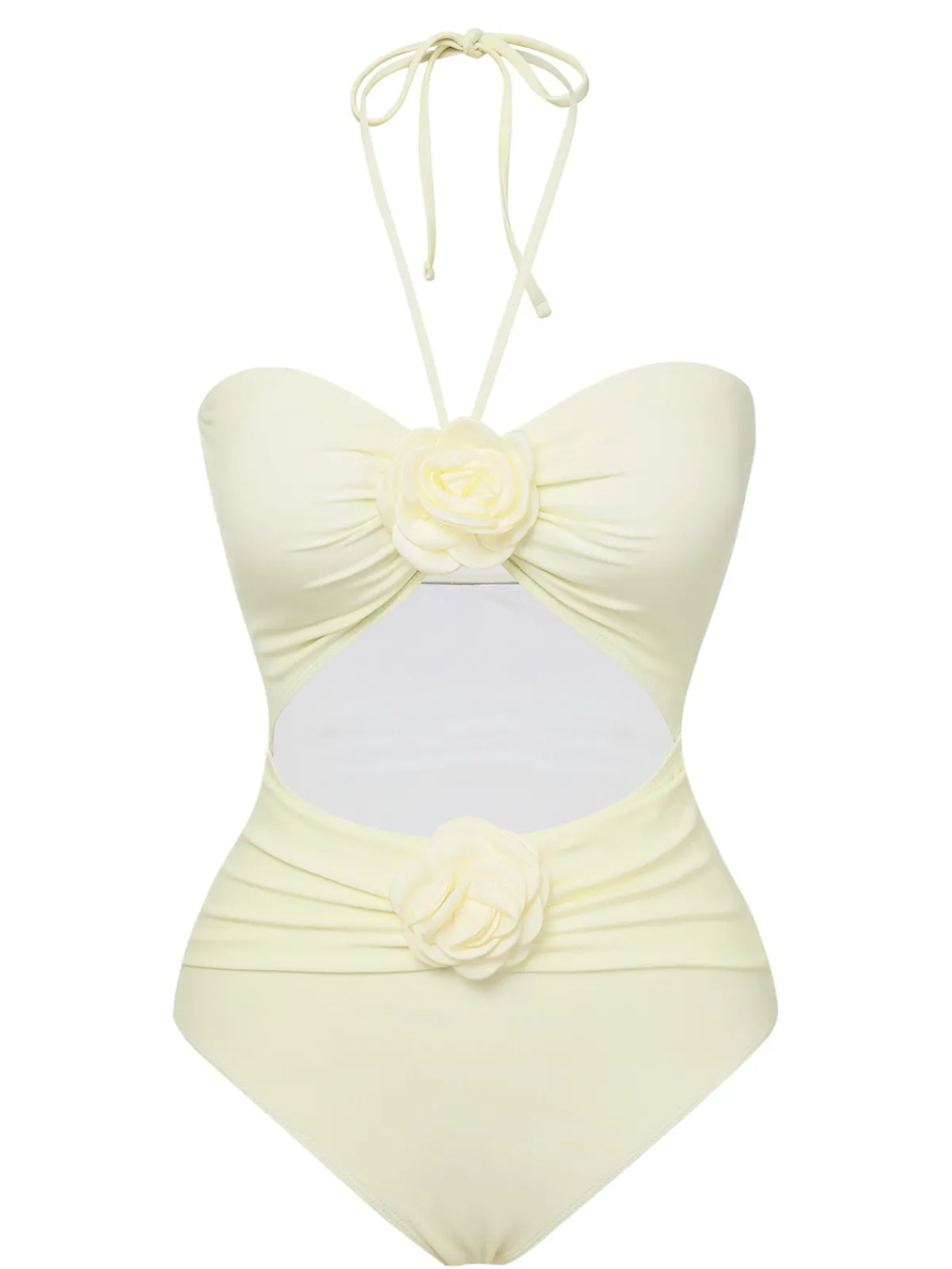 Sale Retro Stage 1930s 3D Flowers Halter One-Piece Swimsuit Beige