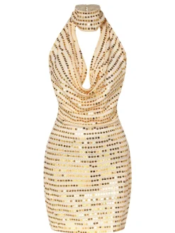 Clearance Retro Stage 1970s Deep V-Neck Sequined Dress Beige