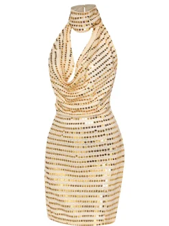 Clearance Retro Stage 1970s Deep V-Neck Sequined Dress Beige