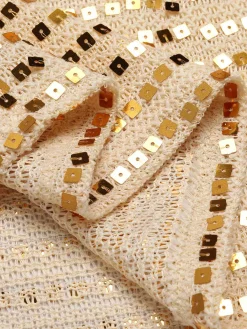 Clearance Retro Stage 1970s Deep V-Neck Sequined Dress Beige