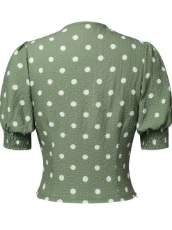 Online Retro Stage Beige 1940s Dots Bowknot V-Neck Blouse