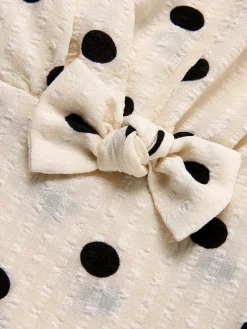 Online Retro Stage Beige 1940s Dots Bowknot V-Neck Blouse