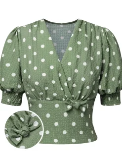 Online Retro Stage Beige 1940s Dots Bowknot V-Neck Blouse