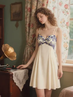 Best Retro Stage 1940s Floral Embroidered Spaghetti Straps Nightgown Beige