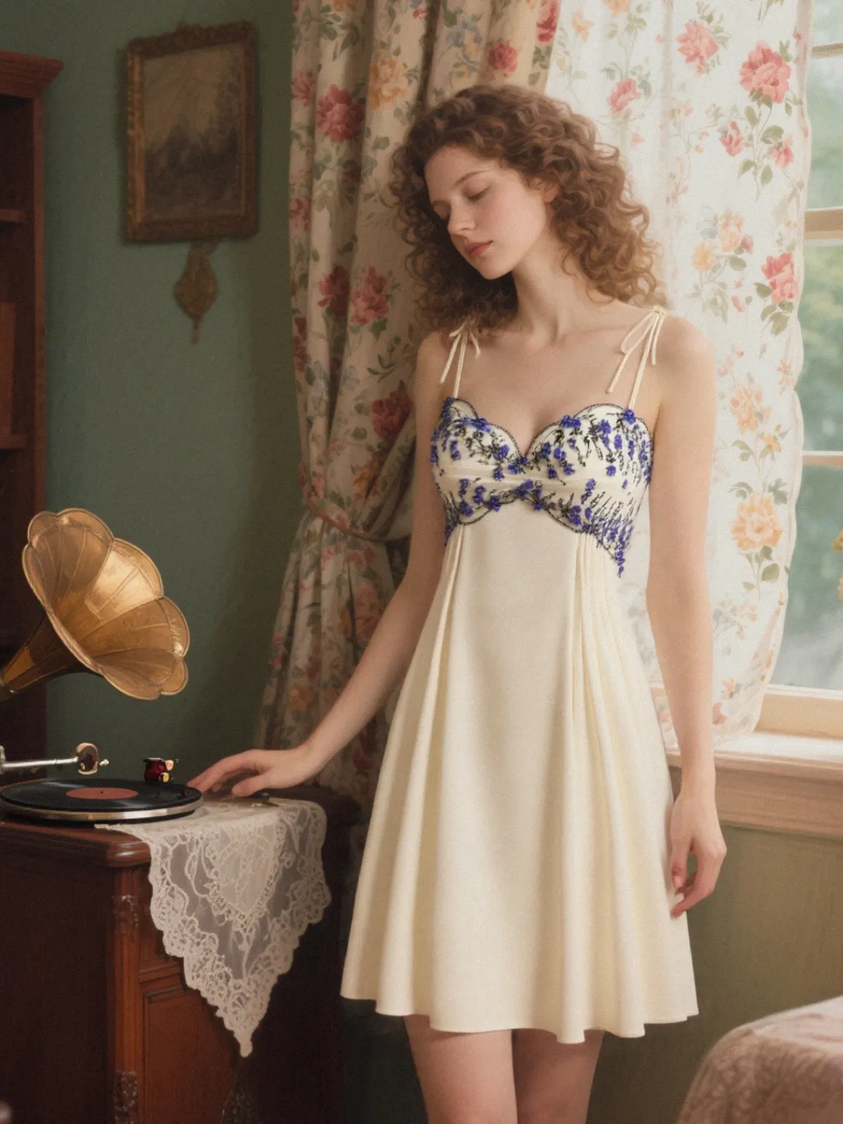 Best Retro Stage 1940s Floral Embroidered Spaghetti Straps Nightgown Beige