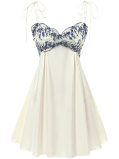 Best Retro Stage 1940s Floral Embroidered Spaghetti Straps Nightgown Beige