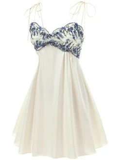 Best Retro Stage 1940s Floral Embroidered Spaghetti Straps Nightgown Beige