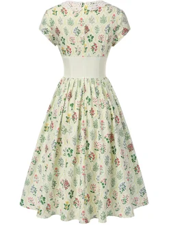 Best Retro Stage 1940s Floral Lace Collar Cap Sleeve Dress Beige