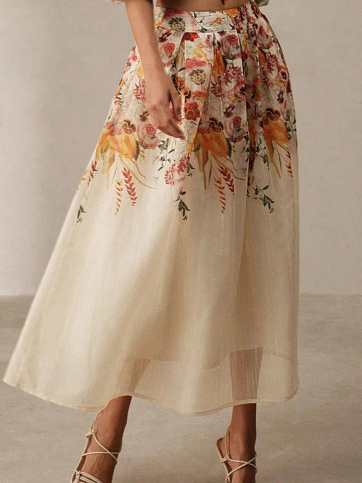 Hot Retro Stage 1940s Floral Mesh Patchwork Skirt Beige