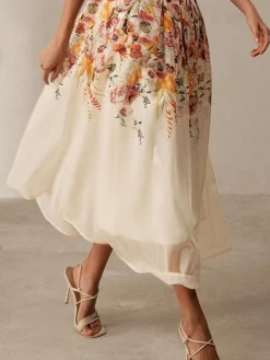 Hot Retro Stage 1940s Floral Mesh Patchwork Skirt Beige