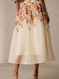 Hot Retro Stage 1940s Floral Mesh Patchwork Skirt Beige