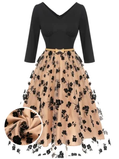 Hot Retro Stage 1950s Floral Mesh Patchwork Belt Dress Beige