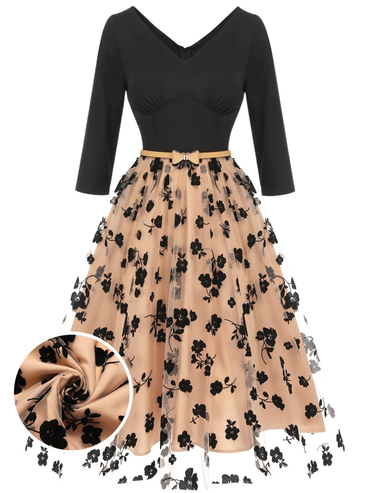 Hot Retro Stage 1950s Floral Mesh Patchwork Belt Dress Beige