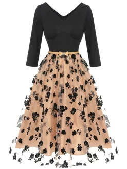 Hot Retro Stage 1950s Floral Mesh Patchwork Belt Dress Beige