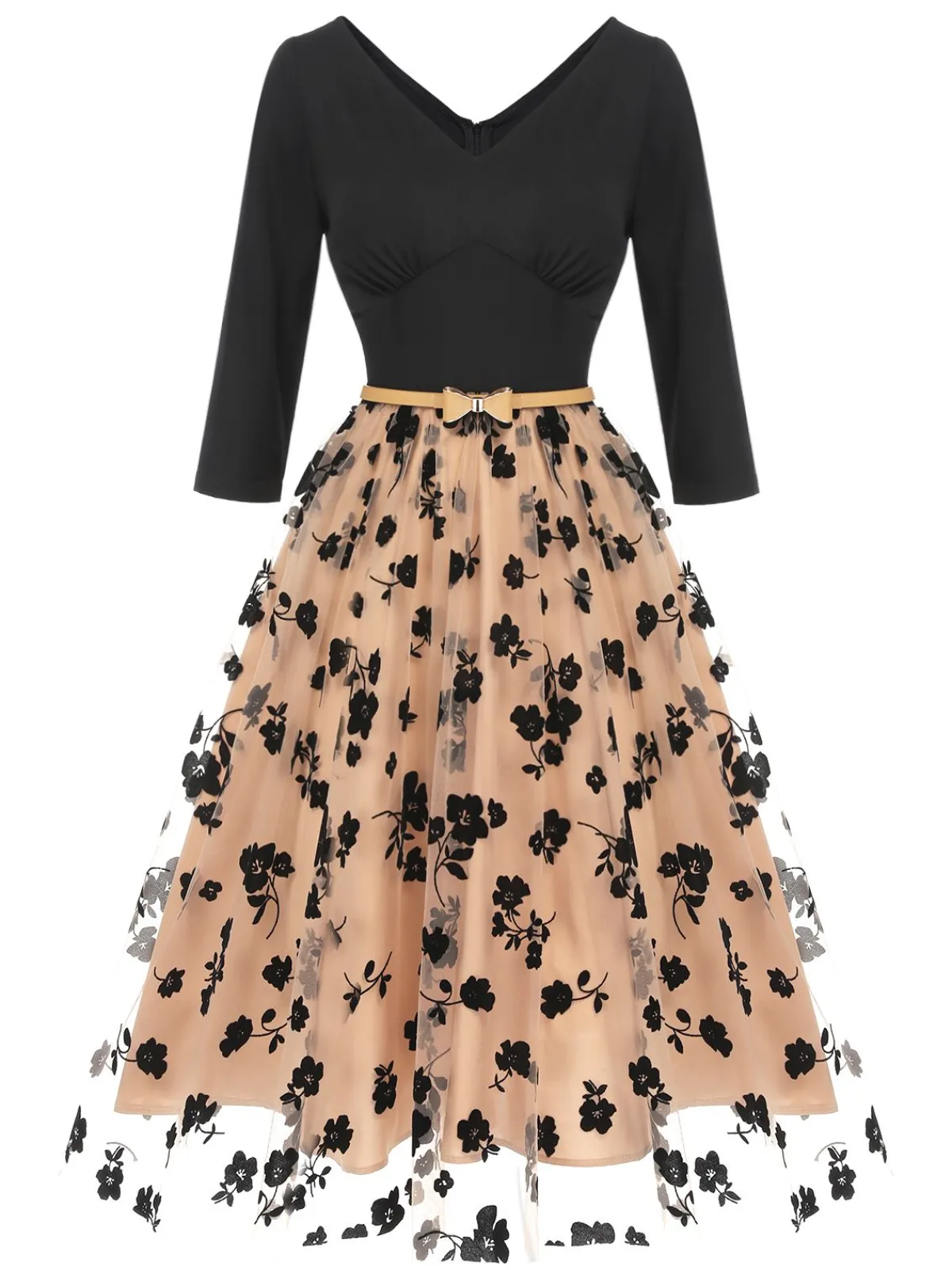 Hot Retro Stage 1950s Floral Mesh Patchwork Belt Dress Beige
