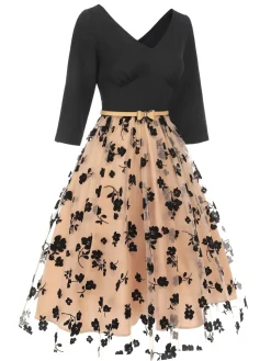 Hot Retro Stage 1950s Floral Mesh Patchwork Belt Dress Beige