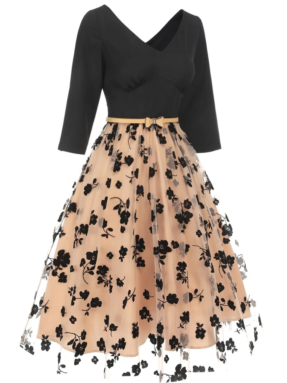 Hot Retro Stage 1950s Floral Mesh Patchwork Belt Dress Beige