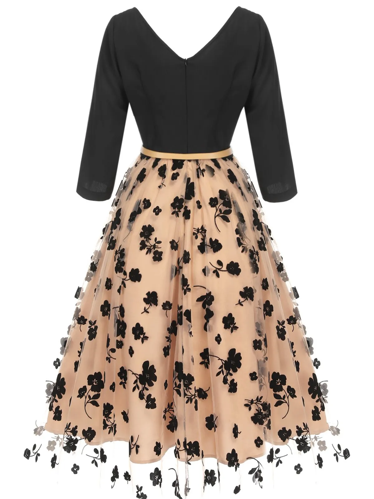 Hot Retro Stage 1950s Floral Mesh Patchwork Belt Dress Beige