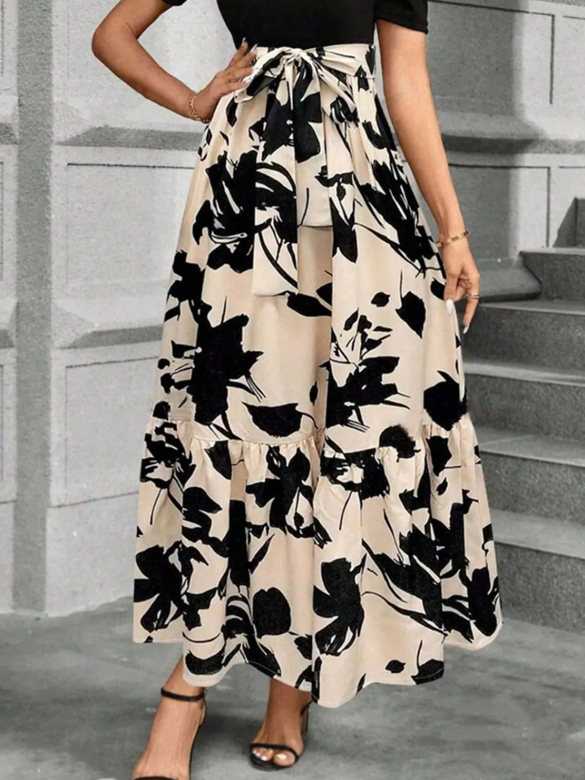 Online Retro Stage 1930s Floral Silhouette A-Line Skirt Beige