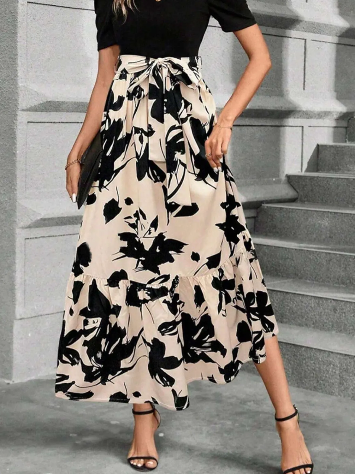Online Retro Stage 1930s Floral Silhouette A-Line Skirt Beige