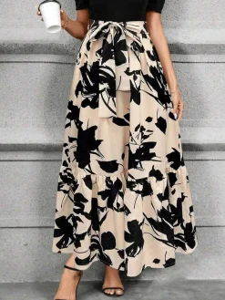 Online Retro Stage 1930s Floral Silhouette A-Line Skirt Beige