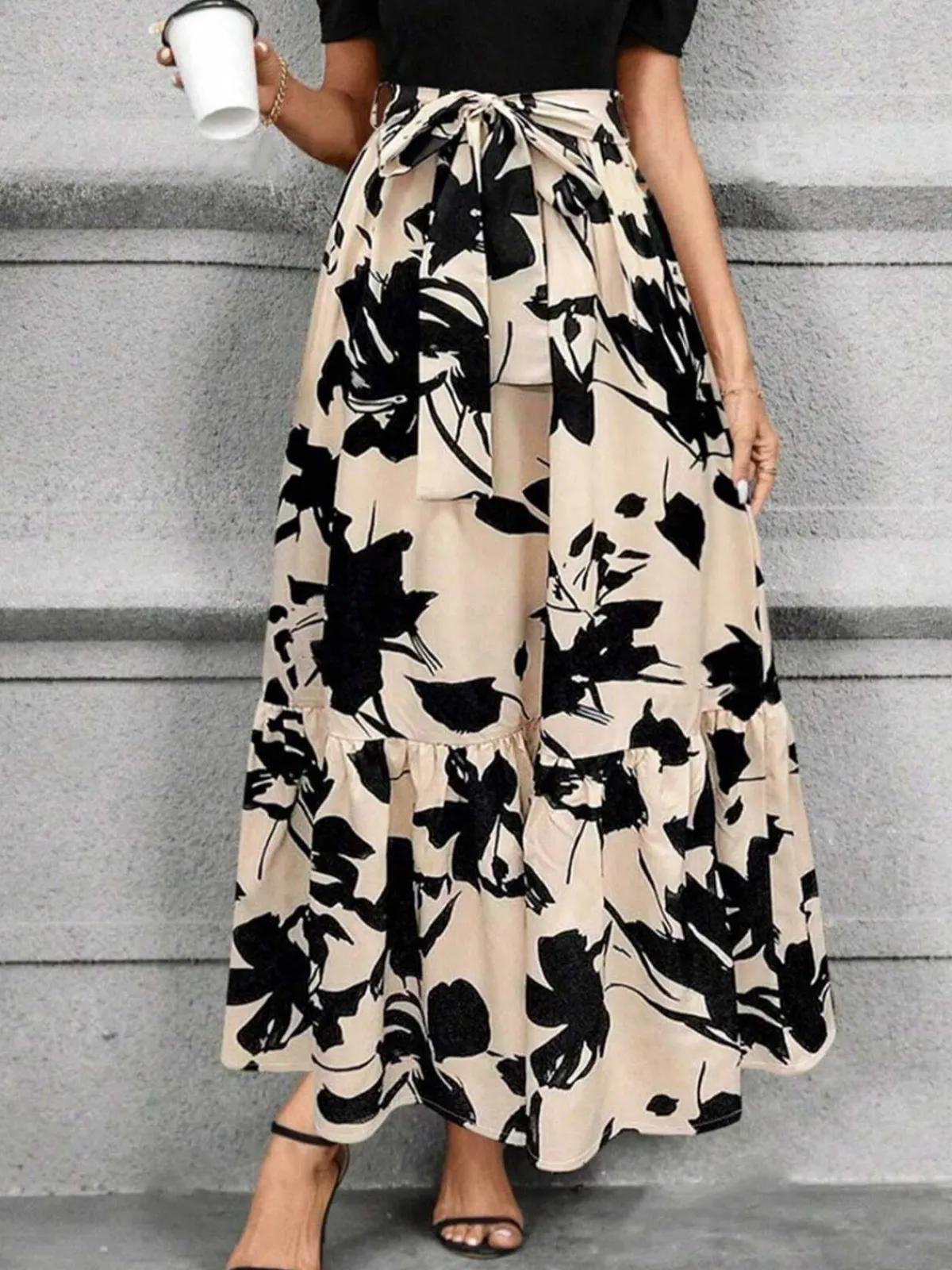 Online Retro Stage 1930s Floral Silhouette A-Line Skirt Beige