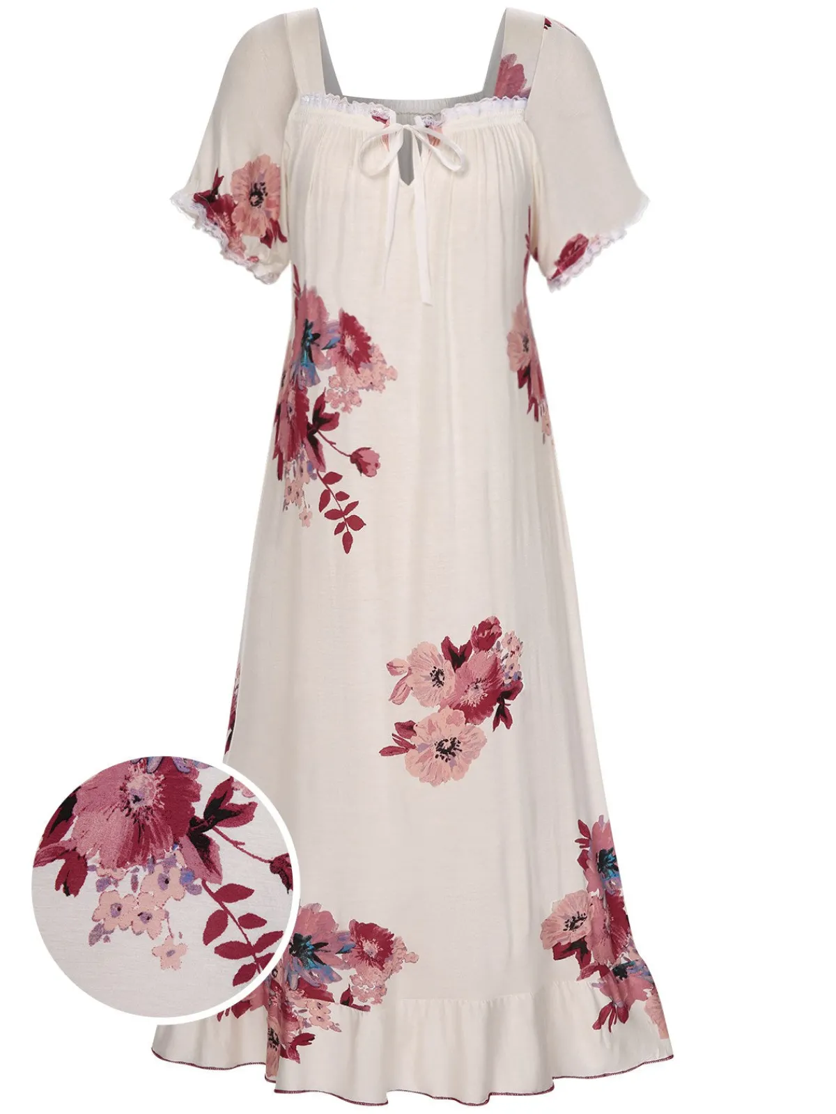 Clearance Retro Stage 1930s Floral Square Collar Ruffles Puff Nightgowns Beige