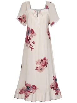 Clearance Retro Stage 1930s Floral Square Collar Ruffles Puff Nightgowns Beige