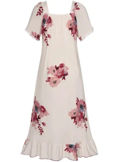 Clearance Retro Stage 1930s Floral Square Collar Ruffles Puff Nightgowns Beige