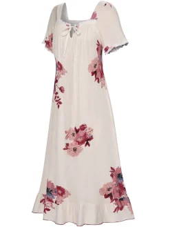 Clearance Retro Stage 1930s Floral Square Collar Ruffles Puff Nightgowns Beige
