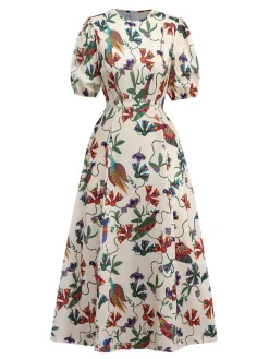 Fashion Retro Stage 1940s Flowers & Birds Print Puff Sleeves Dress Beige