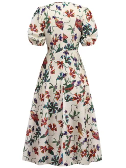 Fashion Retro Stage 1940s Flowers & Birds Print Puff Sleeves Dress Beige