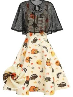Online Retro Stage 1950s Halloween Cap Costume Dress Beige
