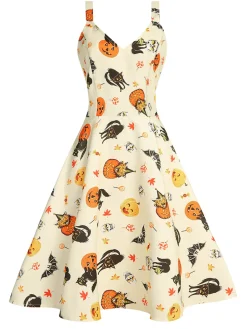 Online Retro Stage 1950s Halloween Cap Costume Dress Beige