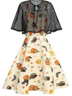 Online Retro Stage 1950s Halloween Cap Costume Dress Beige