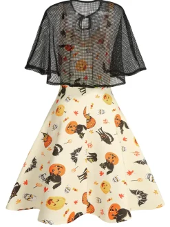 Online Retro Stage 1950s Halloween Cap Costume Dress Beige